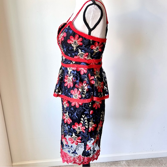 LULU’S Flirty Karina Floral Embroidered Mesh Peplum Dress—SZ. Small - Picture 8 of 17